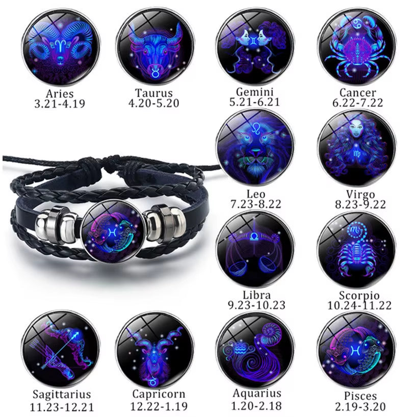 12 Zodiac Signs Constellation Charm Luminous Bracelet for Men Fashion Multilayer Weave Leather Bracelet & Bangle Jewelry Gifts