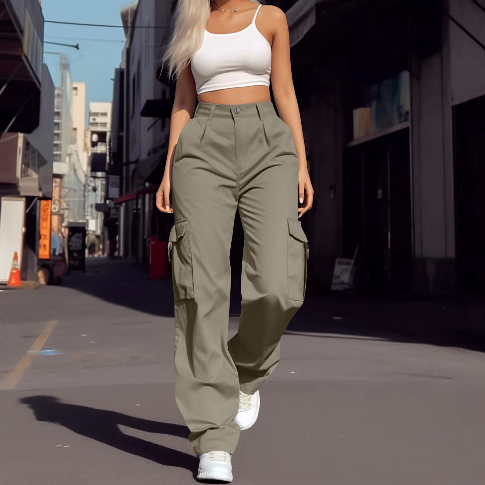 2024 Trendy Women Wide Leg Cargo Pants Street Vibes Flap Pockets Drawstring Ruched High Waist Parachute Women Pants