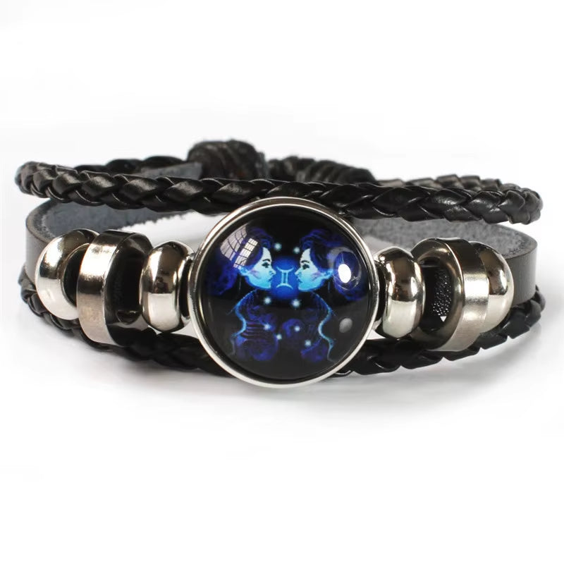 12 Zodiac Signs Constellation Charm Luminous Bracelet for Men Fashion Multilayer Weave Leather Bracelet & Bangle Jewelry Gifts